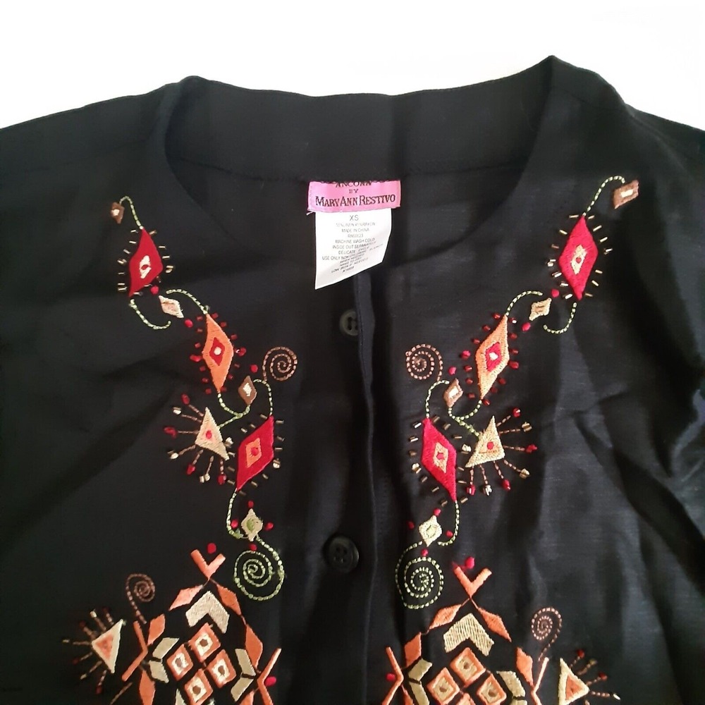 Ancora womens linen blend long shirt top Size XS embroidered beaded button front